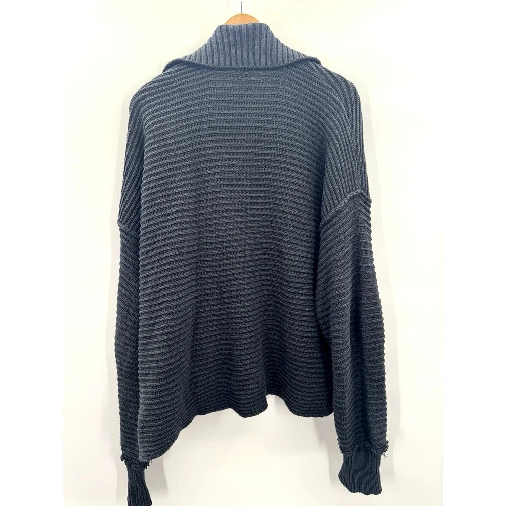Free People Marlie Deep V Chunky Ribbed Knit Sweater Large Slouchy Boxy Grunge